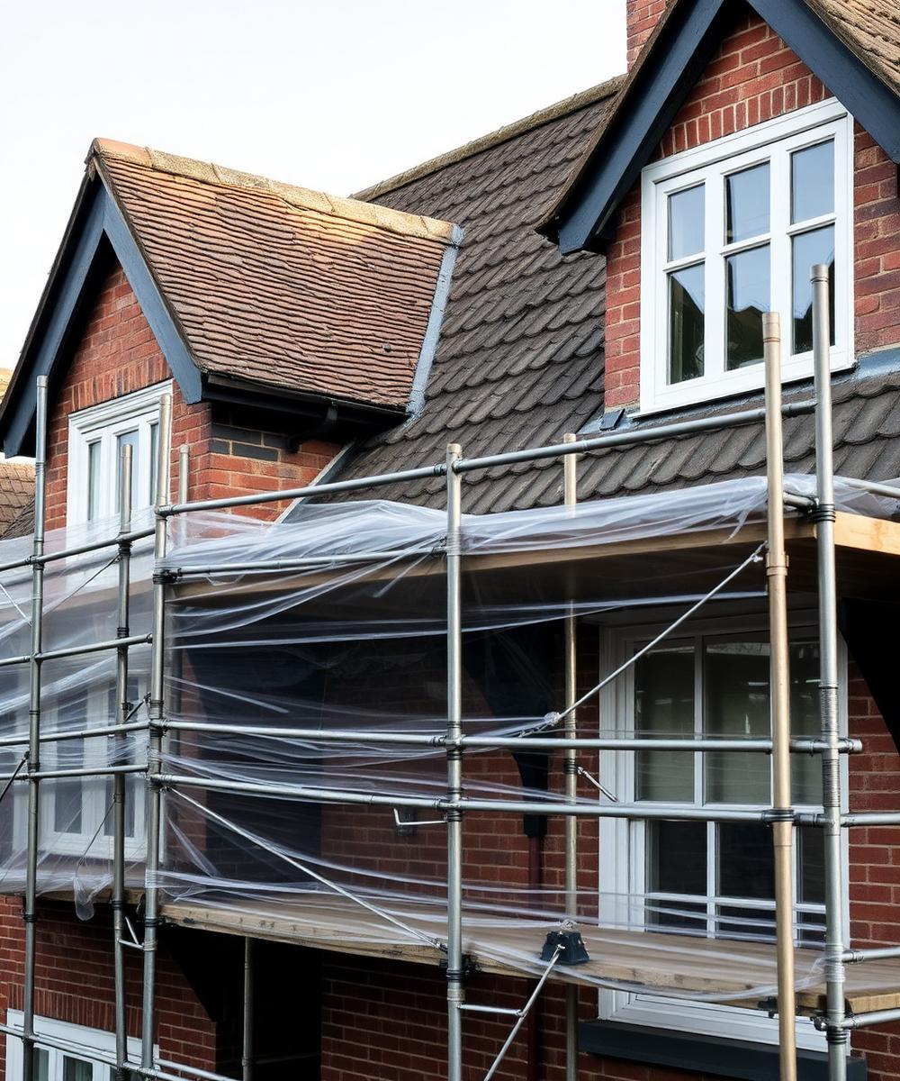 Scaffolded reroof mid-project on a Worcester home